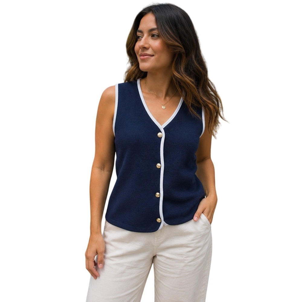 Bailey/44 Navy‎ Blue White Contrast Trim Sweater Vest Gold Crest Buttons Size M